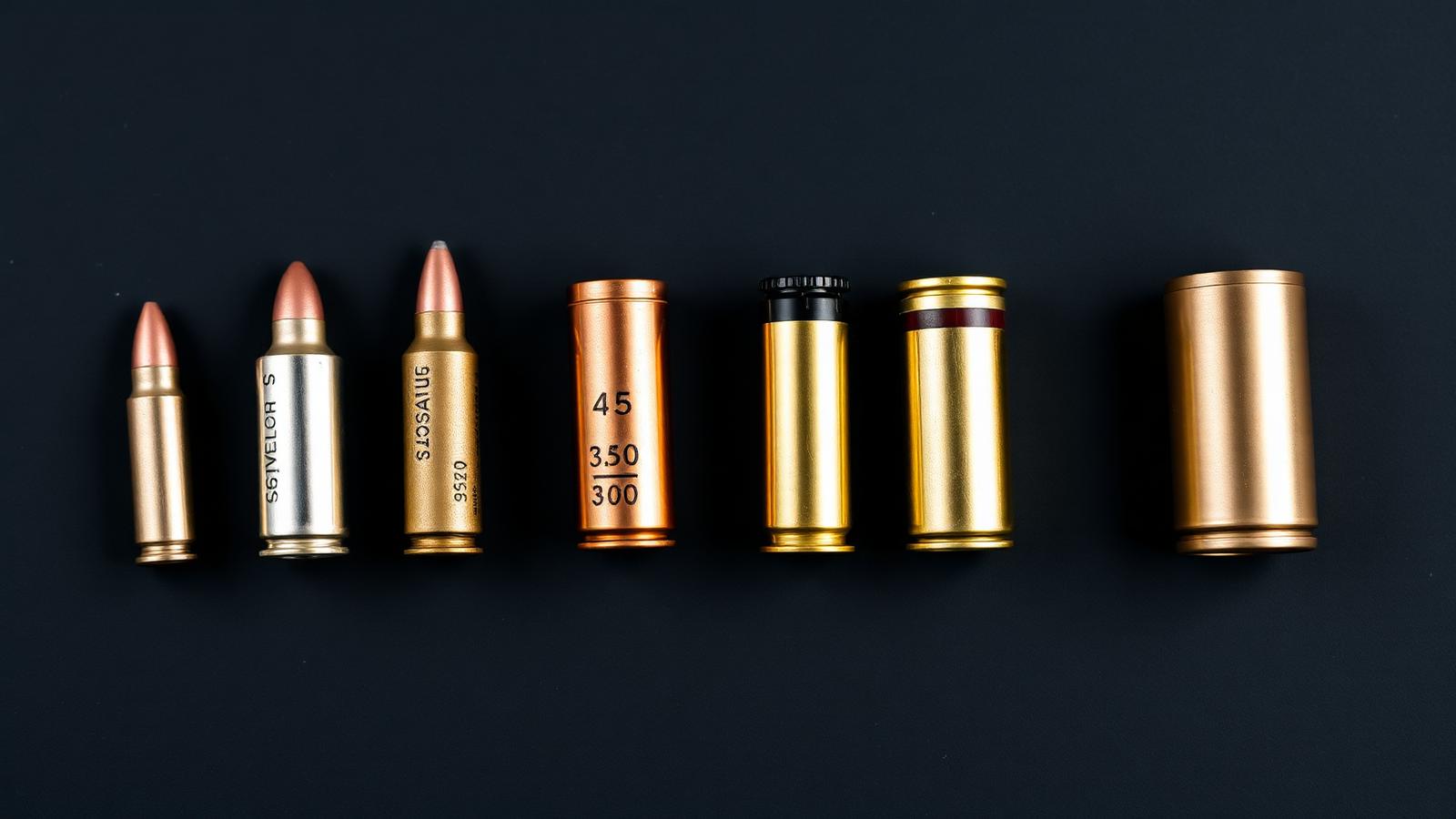 Five ammunition cartridges arranged in a row from smallest to largest